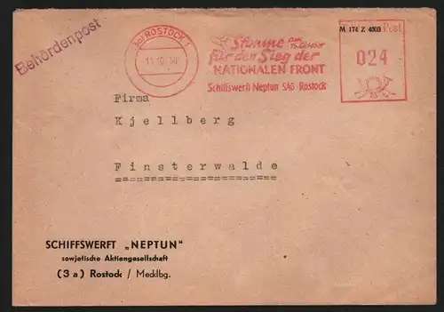 B13150 Brief DDR Propaganda 1950 Rostock Firmenfreistempel Schiffswerft Neptun