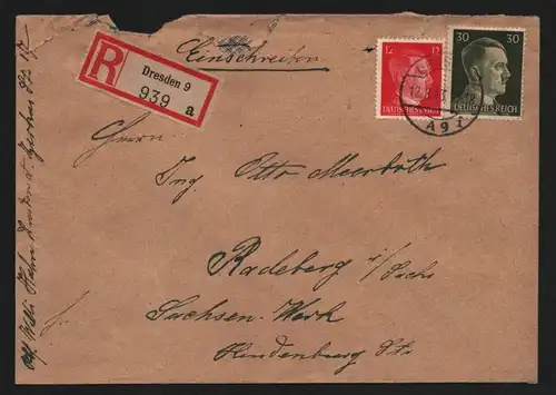 B13187 Brief Einschreiben DR Hitler Dresden 1943 nach Radeberg Sachsen-Werk
