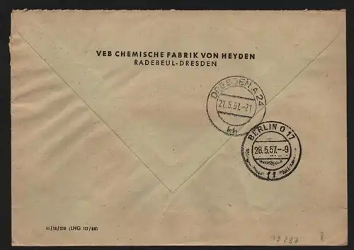 B13237 DDR ZKD 15 1300 Brief 1957 VEB Chemische Fabrik von Heyden Radebeul Dres