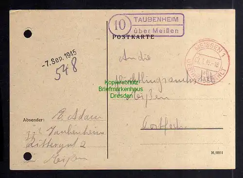 B3432 Postkarte 1945 Gebühr bezahlt + Landpoststempel Taubenheim über Meißen