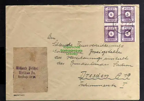B3418 Brief Ostsachsen 4x 62 Volles Mittelstück gepr. BPP 1945 Notstempel Kirsch
