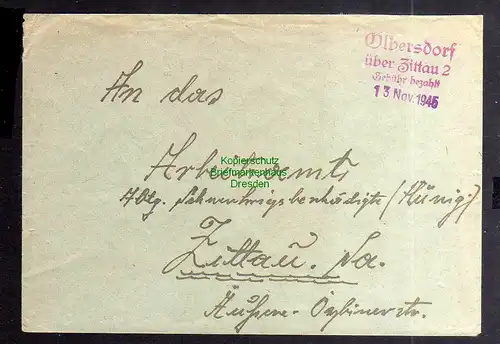 B3425 Brief Ostsachsen 1945 Notstempel Olbersdorf über Zittau 2