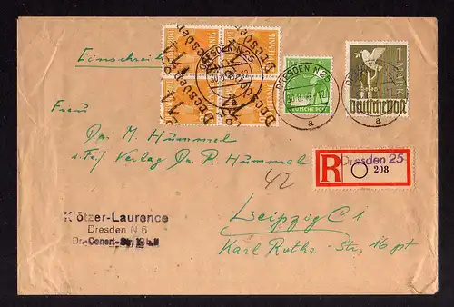 h1338 Brief Handstempel Bezirk 14 Dresden 4x 25 Pfg. Viererblock gepr. Dr. Böhei