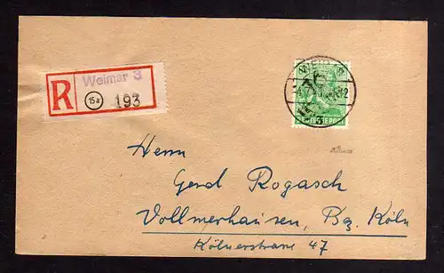 h624 Brief Handstempel Bezirk 16 Weimar 4.7.48 Sonntag 84 Pfg. Einschreiben