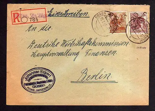 h704 Brief Handstempel Bezirk 20 Genthin 30.6.48 Einschreiben Güsen Not-R Zettel