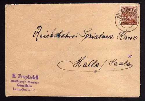 h702 Brief Handstempel Bezirk 20 Genthin 28.6.48 a Reichsbahn Sozialversicherung