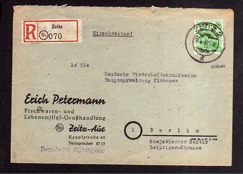 h809 Brief Handstempel Bezirk 20 Zeitz 30.6.48 Einschreiben an Deutsche Wirtscha