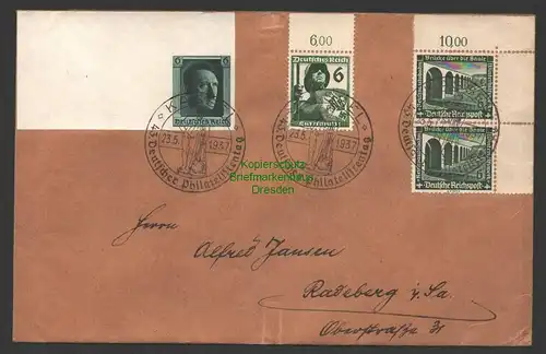 B7374 DR Brief Kassel Deutscher Philatelistentag 1937 Marke 647 aus Block 8