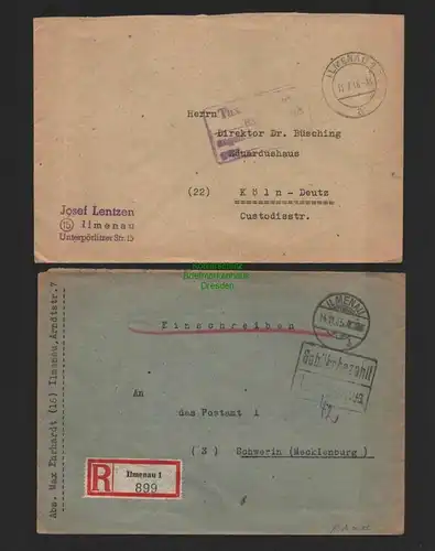 B7326 2x Brief Gebühr Bezahlt Taxe percue Ilmenau Einschreiben 1945 n. Schwerin