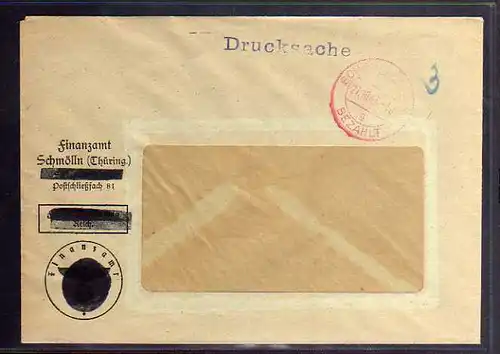 B747 SBZ Brief Gebühr bezahlt 1945 Schmölln Thüring Finanzamt Symbole geschwärzt
