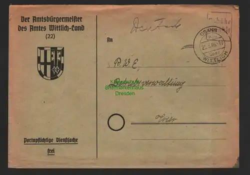 B7276 Brief Gebühr bezahlt Osann Wittlich 1946 Der Amtsbürgermeister