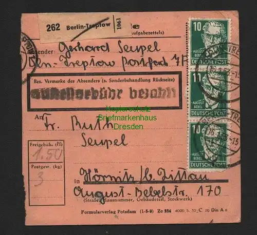 B7091 DDR Paketkarte 1953 2x 288 Deutsch-Chinesische Freunschaft Berlin Treptow