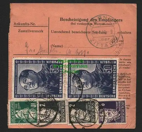 B7091 DDR Paketkarte 1953 2x 288 Deutsch-Chinesische Freunschaft Berlin Treptow