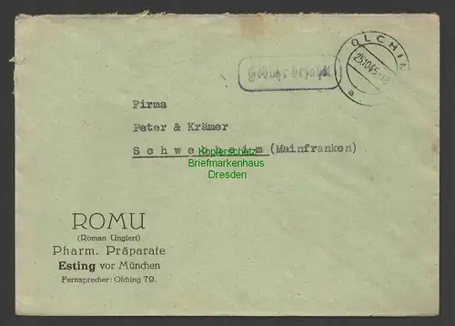 B7482 Brief Gebühr bezahlt 1945 Olching bei München Esting nach Schwebheim
