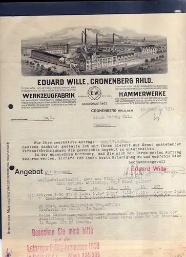 v589 Briefbogen Firmenrechnung Cronenberg Rheinland 1930 Fabrikansicht Werkzeugf