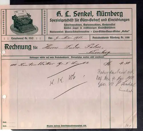 v579 Briefbogen Firmenrechnung Nürnberg Büro Bedarf Senkel 1913