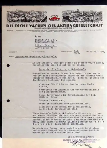 v575 Briefbogen Angebot Nürnberg 1937 Deutsche Vacuum Oel AG