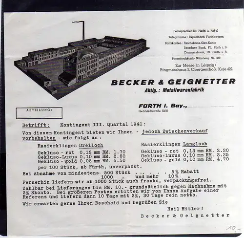 v564 Briefbogen Angebot Fürth Bayern Metallwarenfabrik Becker & Geignetter 1943
