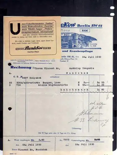 v507 Briefbogen Firmenrechnung Berlin 1930 Gebrüder Bandekow Sanitäts Haus