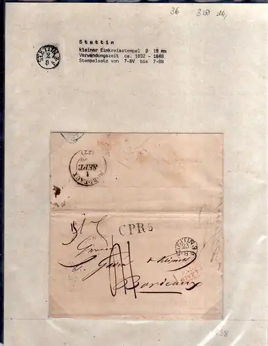 v036 aus Stettin Sammlung 3 Briefe 1838 kleiner Einkreisstempel nach Bordeaux Wo