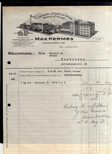 v550 Briefbogen Firmenrechnung Hainichen Sa. 1933 Verbandstoff Weberei Verbandwa