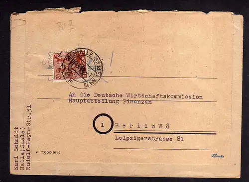 h827 Brief Bezirkshandstempel Bezirk 20 Halle Saale 1.7.48 Notumschlag an Deutsc