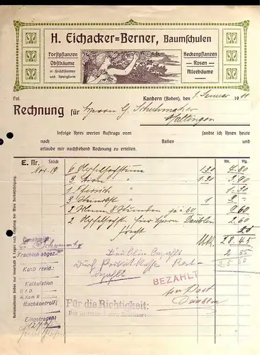 S138 Briefbogen Firmenrechnung Kandern Baden 1911 H. Eichacker Berner Jugendstil