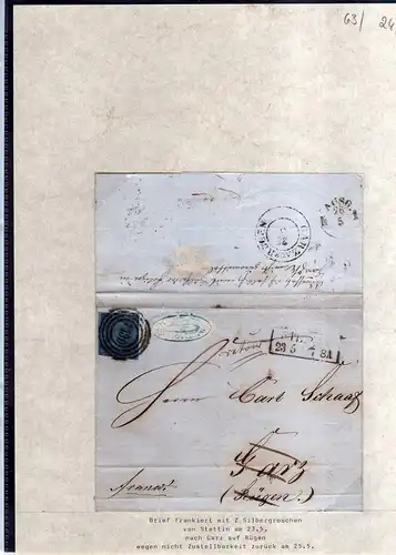v063 aus Stettin Sammlung Preußen Brief Mi. 3 Nummernstempel 1439 nach Garz auf