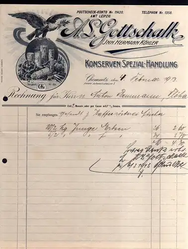v537 Briefbogen Firmenrechnung Chemnitz 1913 Konserven Spezial Handlung Innere J