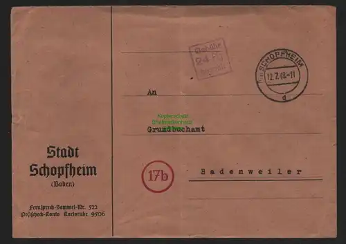 B10516 Brief BAZ Gebühr bezahlt 1948 Stadt Schopfheim a Grundbuchamt Badenweiler