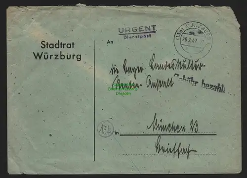 B10576 Brief BAZ Gebühr bezahlt 1947 Würzburg Stadtrat nach München