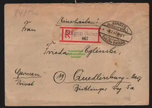 B10319 Brief BAZ Einschreiben Gebühr bezahlt 1947 Singen Hohentwiel Quedlinburg