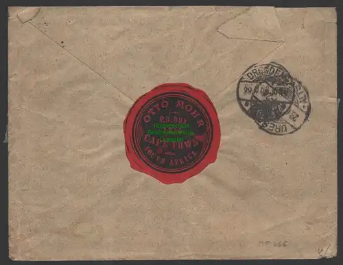 B10266 DSW Deutsch Südwestafrika Brief Swakopmund 1908 nach Dresden Cape Town
