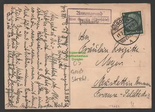 B-14664 Postkarte DR Landpoststempel Annengrund über Gogolin Oberschlesien 1937