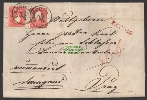B-14680 Faltbrief Österreich 1857 Chrudim Eingeschrieben Recom. nach Prag