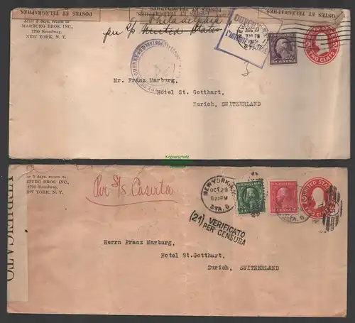 B-14687 2x Brief USA New York 1915 in die Schweiz Zensur 1. Weltkrieg