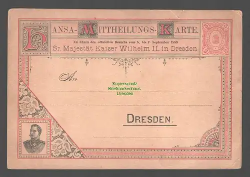 B-14672 Ganzsache Hansa Dresden 1899 Besuch des Kaisers Wilhelm II. ungebraucht