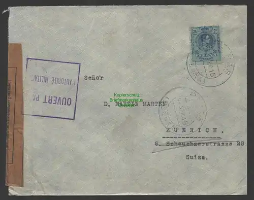 B-14704 Brief Spanien 1915 Zensur Stempel + Verschlussstreifen n. Zürich Schweiz