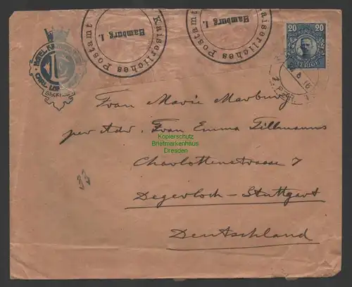 B-14732 Brief Stockholm 1916 Schweden nach Stuttgart Degerloch Zensur Hamburg
