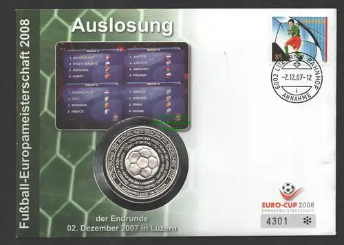 B-14770 Numisbrief Deutschland 2007 Euro Cup 2008 mit 500er Silber Medallie