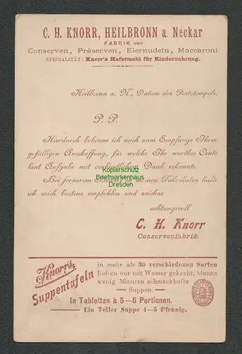 B-5397 Postkarte C. H. Knorr Heilbronn a. Neckar 1892 Reklame Conservenfabrik