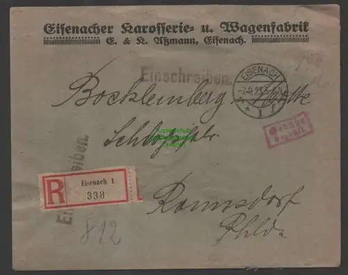 B-14702 Brief DR Eisenach 1923 Gebühr bezahlt Einschreiben Eisenacher Karosserie