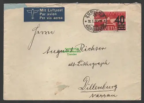 B-14736 Brief Schweiz Flugpostmarke 310 1937 Luftpost nach Dillenburg