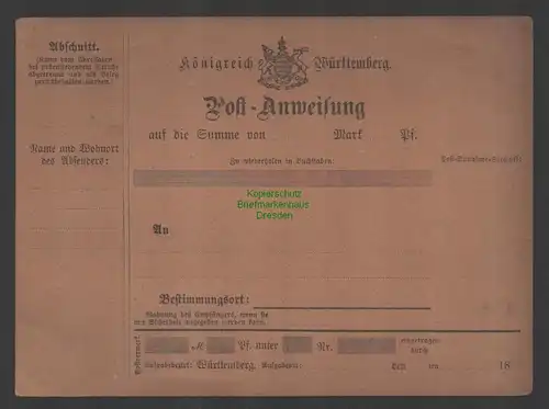 B-14744 Königreich Württemberg Post Anweisung ungebrauchtes Formular um 1890