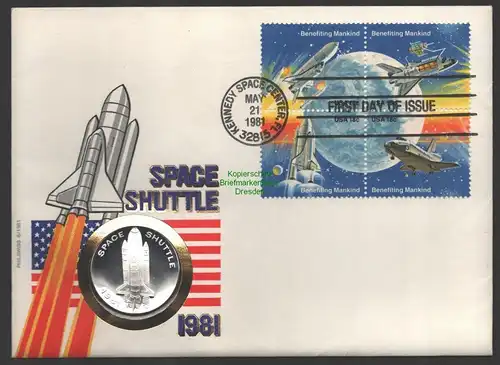B-14694 USA Numisbrief Medallie Space Shuttle 1981 Kennedy Space Center  FDC