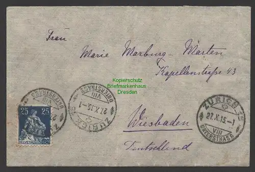 B-14711 Schweiz Brief 1915 Wiesbaden Militärischerseits unter Kriegsrecht geöffn