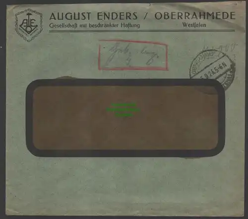 B-14703 Brief DR Oberrahmede Westfahlen 1923 Gebühr bezahlt August Enders GmbH