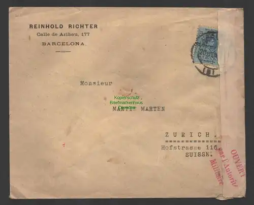 B-14705 Brief Spanien Barcelona 1915 Zensur Stempel nach Zürich Schweiz