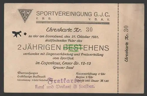 B-14776 Berlin 1931 SPORTVEREINIGUNG G.J.C.  Ehrenkarte Nr. 30 selten