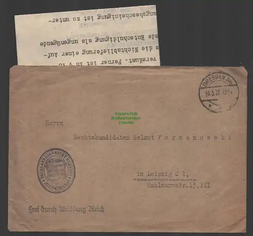 B-14798 Brief Dresden N6 1935 Frei durch Ablösung Deutsches Reich Gericht
